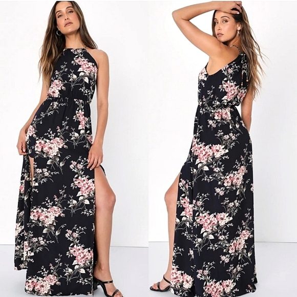 Lulus Feel The Music Midnight Blue Floral Print Maxi Dress Sz Medium - Picture 2 of 15